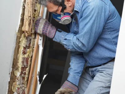 Man removing termite damaged wood from wall