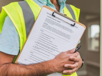 Person in a yellow safety vest holding a pen and a clipboard with an inspection checklist