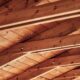 Close-up of exposed wooden roof beams and ceiling boards